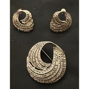 Judith Jack Style Vintage Marcasite and Silver Swirl Pin and Matching Earrings